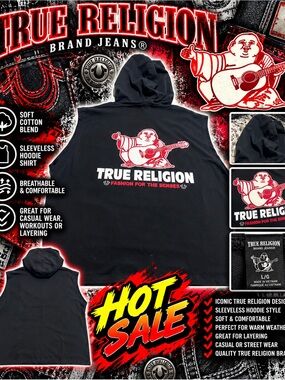 True Religion Black Hoodie with Red & White Guitar Buddha Logo